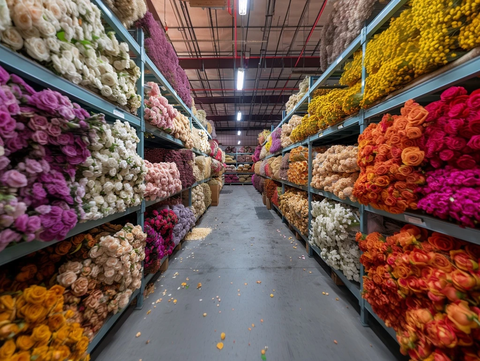 婚礼装饰公司仓库的干花堆叠