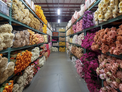 婚礼装饰公司仓库的干花堆栈