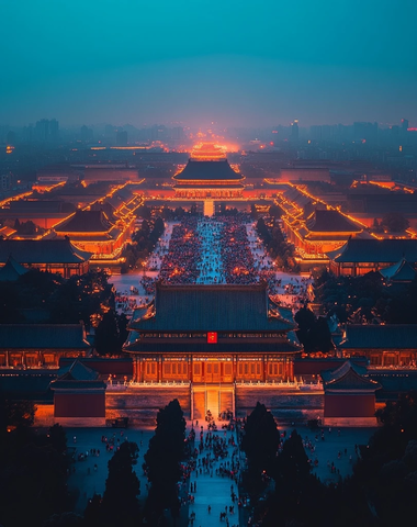 故宫夜景俯瞰全景灯光璀璨游人如织