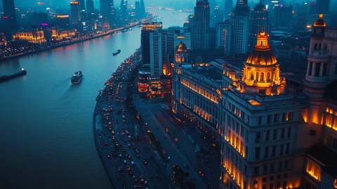 黄浦江畔繁华夜景鸟瞰全景