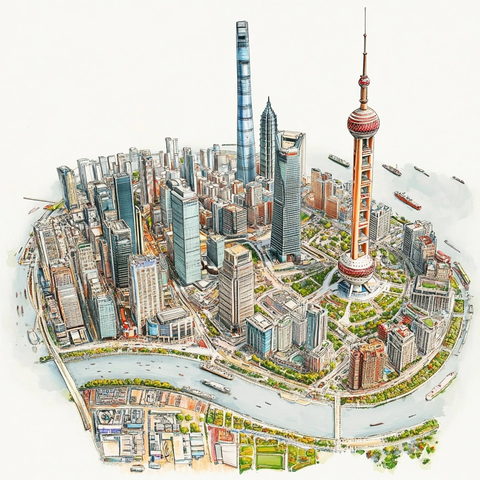 上海东方明珠及周边城市景观鸟瞰图