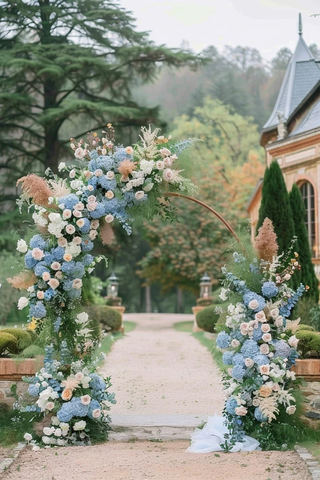 婚礼拱门蓝白花装饰