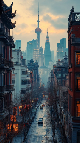 城市街道上远观高楼大厦的景象