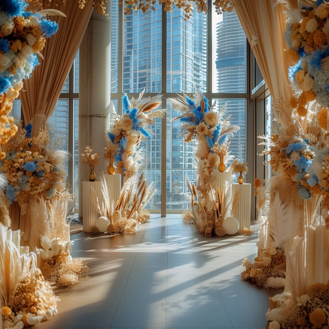 城市婚礼装饰与摩天大楼背景