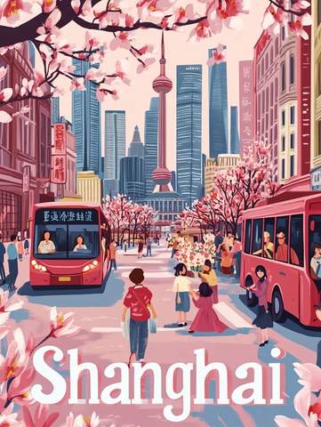 上海街景中忙碌的人群与盛开的樱花树