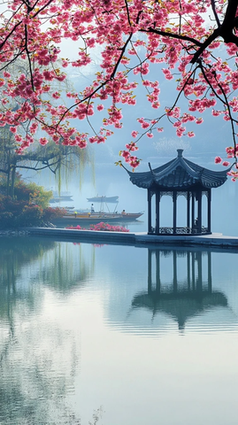 水边古亭赏春日樱花的宁静景致