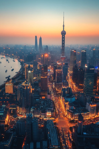 暮色下灯火辉煌的城市夜景鸟瞰图