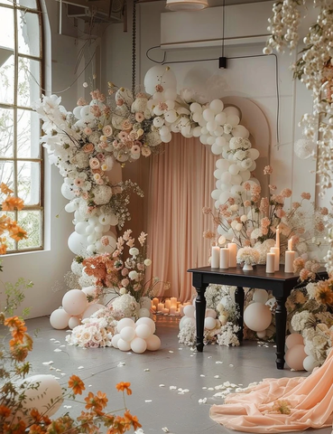 白粉色花艺拱门与气球装饰
