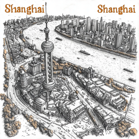 上海城市鸟瞰图东方明珠塔显眼矗立