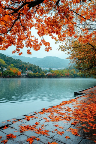 水边红叶满地的秋景