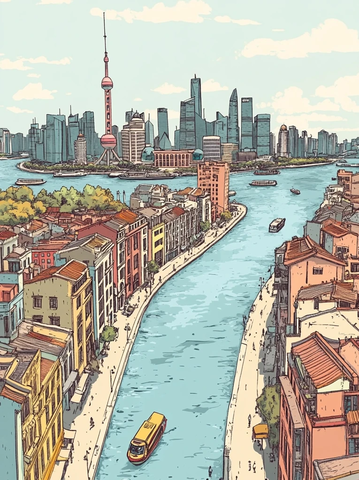 城市河流两岸建筑与高楼林立的景象