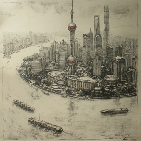 上海外滩东方明珠建筑群鸟瞰全景