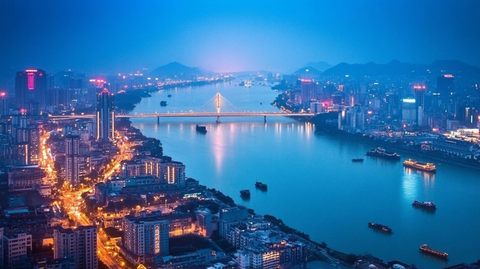 城市夜景俯瞰江河上的桥梁灯火辉煌