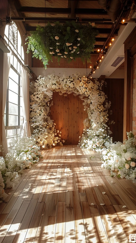 婚礼舞台背景白色花拱门