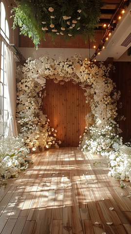 婚礼舞台背景白色花拱门