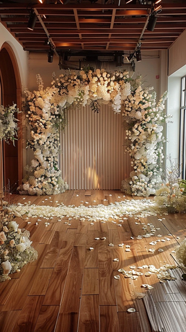 婚礼舞台背景白色花朵木地板