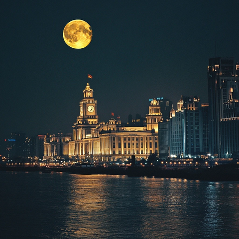 月夜下的城市地标建筑灯光夜景