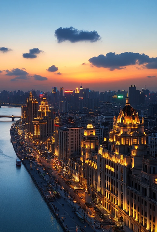 河畔城市夜景灯火辉煌建筑林立