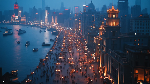 夜晚的城市江边步道人群密集景象