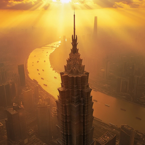 航拍上海中心大厦全景及周边城市景观