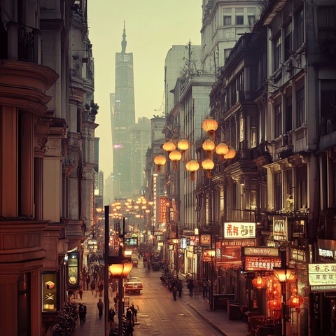 繁华街道夜景两旁建筑挂着灯笼