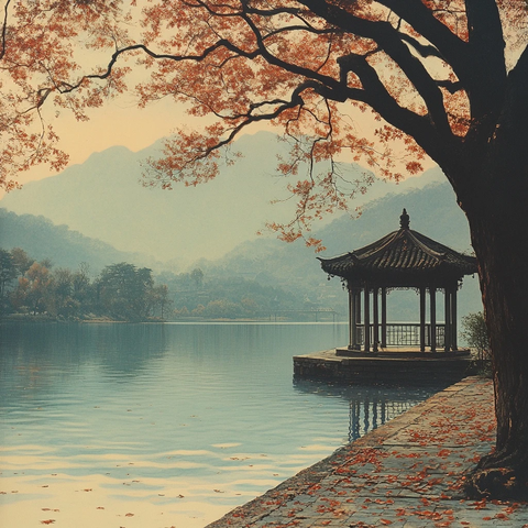 湖畔中式凉亭的静谧风光