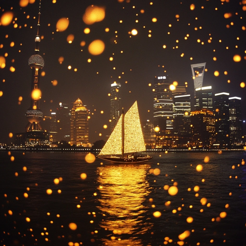 城市夜景中灯光璀璨的江面帆船