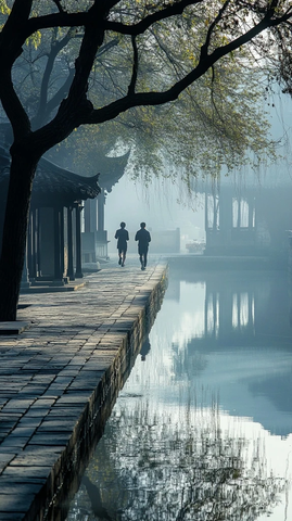 水边小道上两人晨跑的江南古镇景象