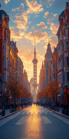 街道两旁建筑林立的东方明珠远景