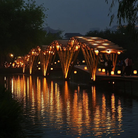 竹制灯光桥夜景水面映灯光美如画