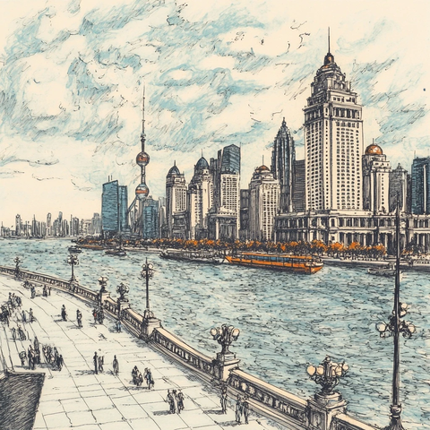 江边人行道旁的城市高楼景观