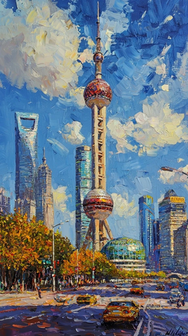 东方明珠塔城市风光油画