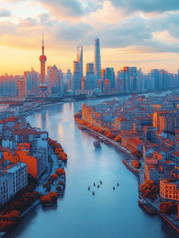 黄浦江畔现代化都市景观鸟瞰全景