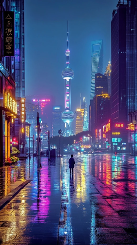 东方明珠下孤独行人的雨夜城市街景
