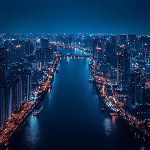 城市夜景河流两岸高楼林立灯火辉煌