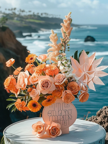 海边桌上的花束与折纸标志