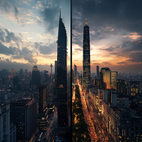 暮色下的城市高楼夜景与繁华街道全景