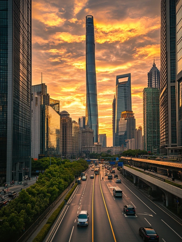 城市黄昏下的车流与摩天大楼景象