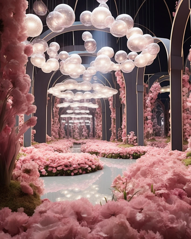 粉色花朵与白色灯光装饰的大厅