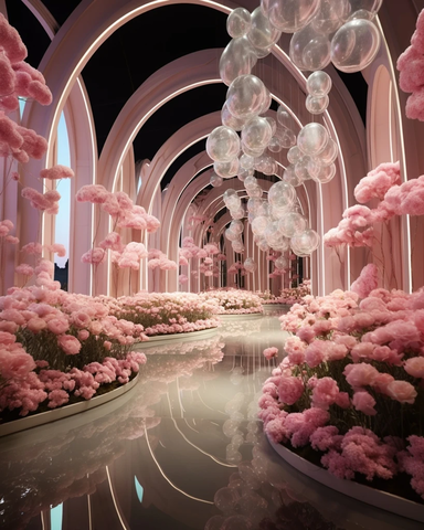 粉色花朵与白色灯光装饰的大厅