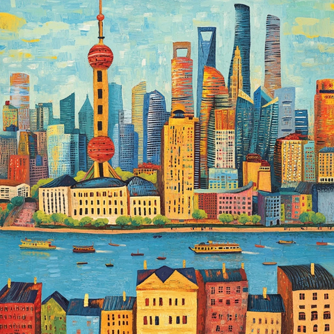 东方明珠下的城市建筑与水面船只风景