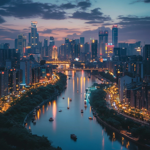 城市河流夜景下的灯火辉煌与船只往来