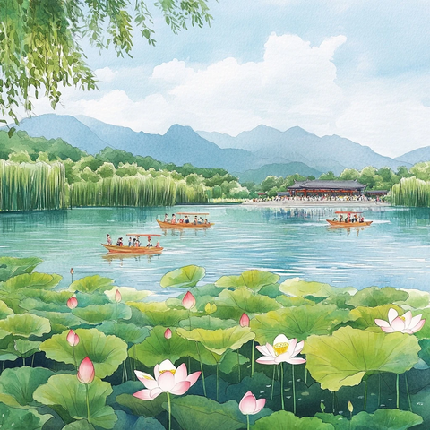 山水间赏荷划船的悠闲景致