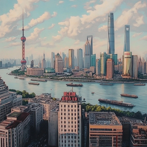 上海陆家嘴现代建筑与黄浦江全景