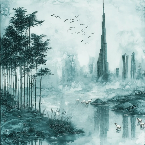 水边有羊有竹林的城市风光图