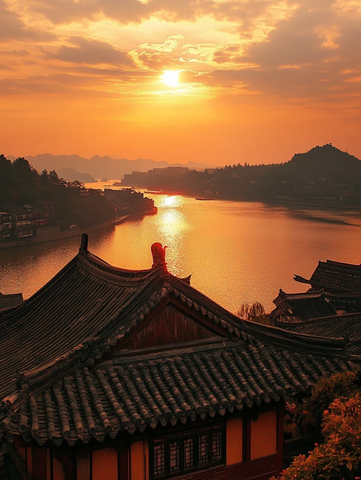 夕阳下的古建筑与河畔风光全景