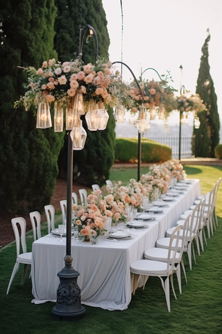 婚礼草坪上的白色桌子和吊灯