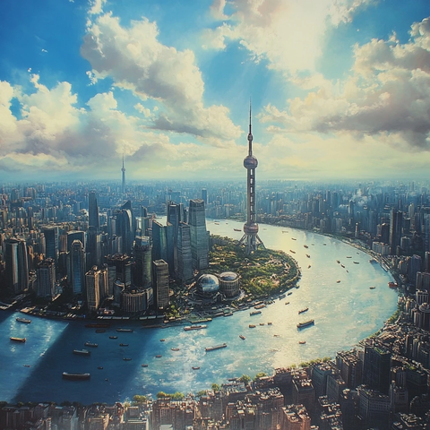 上海东方明珠塔与黄浦江畔的城市风光