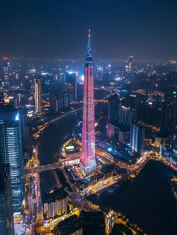 航拍视角下的城市夜景与地标性高楼