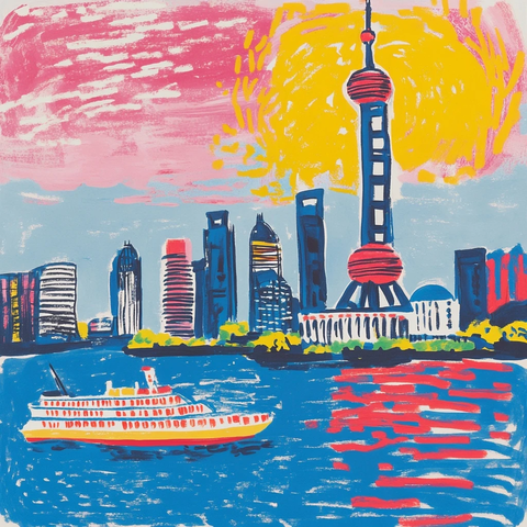 上海东方明珠与黄浦江游船的多彩景观